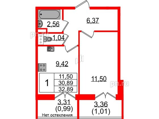 Квартира в ЖК Sertolovo Park, 1 комнатная, 32.89 м², 8 этаж