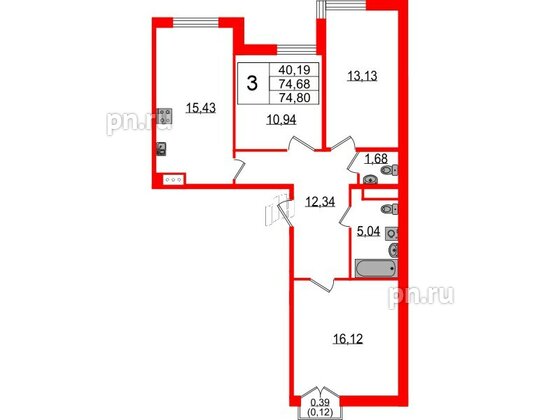 Квартира в ЖК Sertolovo Park, 3 комнатная, 74.8 м², 2 этаж