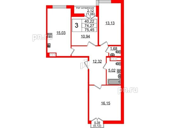 Квартира в ЖК Sertolovo Park, 3 комнатная, 75.45 м², 6 этаж