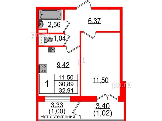 Квартира в ЖК Sertolovo Park, 1 комнатная, 32.91 м², 3 этаж