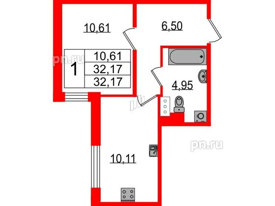 Квартира в ЖК Sertolovo Park, 1 комнатная, 32.17 м², 5 этаж