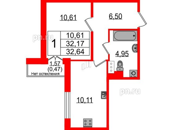 Квартира в ЖК Sertolovo Park, 1 комнатная, 32.64 м², 6 этаж