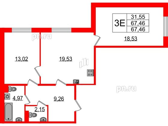 Квартира в ЖК Sertolovo Park, 2 комнатная, 67.46 м², 2 этаж