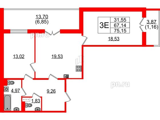 Квартира в ЖК Sertolovo Park, 2 комнатная, 75.15 м², 3 этаж