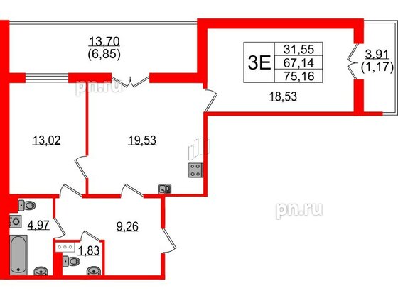 Квартира в ЖК Sertolovo Park, 2 комнатная, 75.16 м², 4 этаж