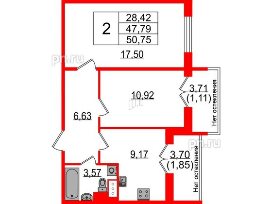 Квартира в ЖК Sertolovo Park, 2 комнатная, 50.75 м², 4 этаж