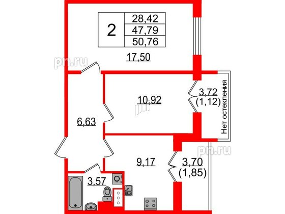 Квартира в ЖК Sertolovo Park, 2 комнатная, 50.76 м², 6 этаж