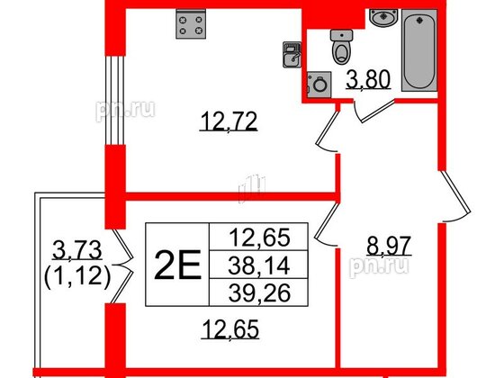 Квартира в ЖК Sertolovo Park, 1 комнатная, 39.26 м², 2 этаж