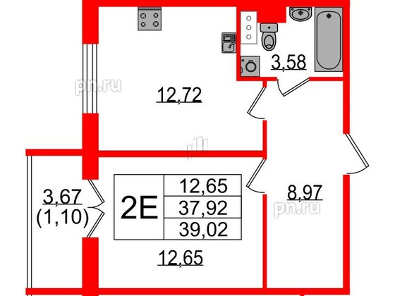 Квартира в ЖК Sertolovo Park, 1 комнатная, 39.02 м², 3 этаж