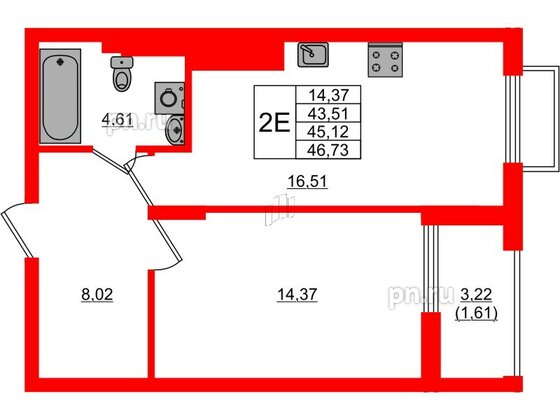 Квартира в ЖК «АЭРО», 1 комнатная, 45.12 м², 5 этаж