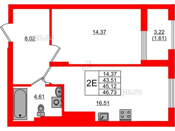 Квартира в ЖК «АЭРО», 1 комнатная, 45.12 м², 1 этаж