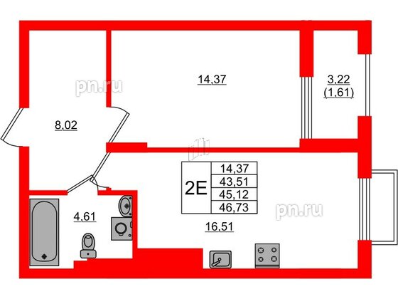 Квартира в ЖК «АЭРО», 1 комнатная, 45.12 м², 6 этаж