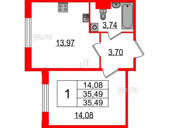 Квартира в ЖК Sertolovo Park, 1 комнатная, 35.49 м², 1 этаж