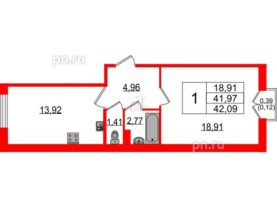 Квартира в ЖК Sertolovo Park, 1 комнатная, 42.09 м², 2 этаж