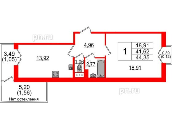 Квартира в ЖК Sertolovo Park, 1 комнатная, 44.35 м², 3 этаж