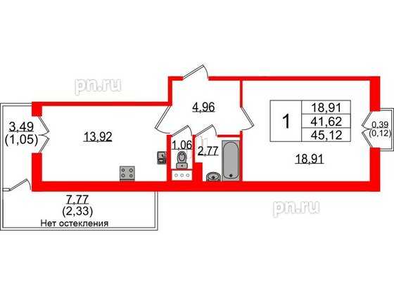 Квартира в ЖК Sertolovo Park, 1 комнатная, 45.12 м², 4 этаж