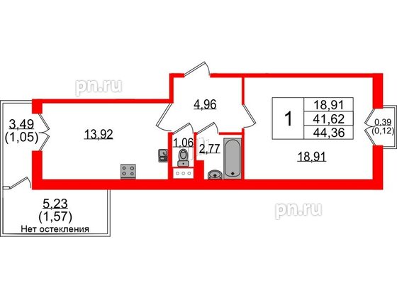 Квартира в ЖК Sertolovo Park, 1 комнатная, 44.36 м², 5 этаж