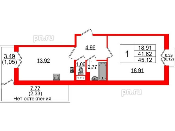 Квартира в ЖК Sertolovo Park, 1 комнатная, 45.12 м², 6 этаж