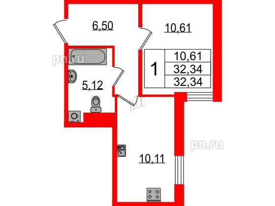 Квартира в ЖК Sertolovo Park, 1 комнатная, 32.34 м², 2 этаж