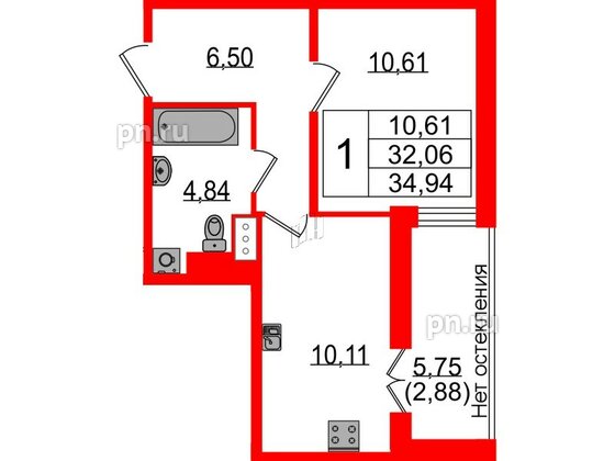 Квартира в ЖК Sertolovo Park, 1 комнатная, 34.94 м², 6 этаж