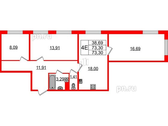 Квартира в ЖК Sertolovo Park, 3 комнатная, 73.3 м², 2 этаж