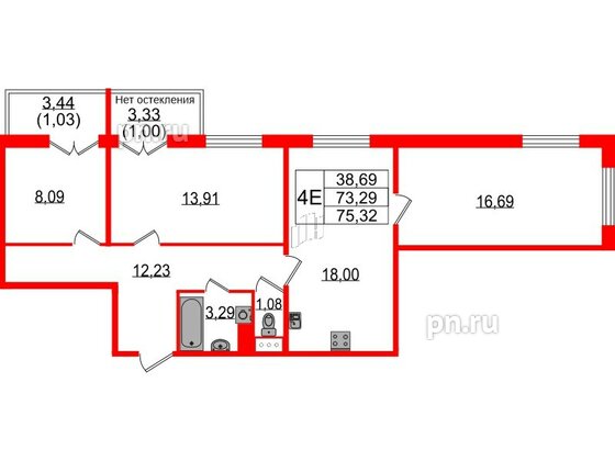 Квартира в ЖК Sertolovo Park, 3 комнатная, 75.32 м², 3 этаж