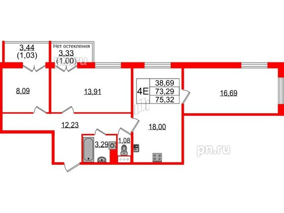 Квартира в ЖК Sertolovo Park, 3 комнатная, 75.32 м², 4 этаж