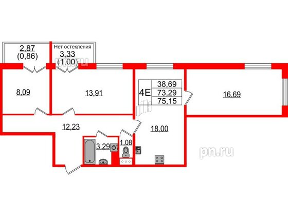 Квартира в ЖК Sertolovo Park, 3 комнатная, 75.15 м², 5 этаж