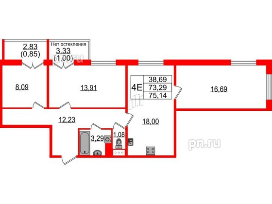 Квартира в ЖК Sertolovo Park, 3 комнатная, 75.14 м², 6 этаж