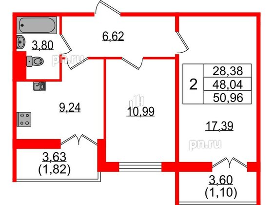 Квартира в ЖК Sertolovo Park, 2 комнатная, 50.96 м², 2 этаж