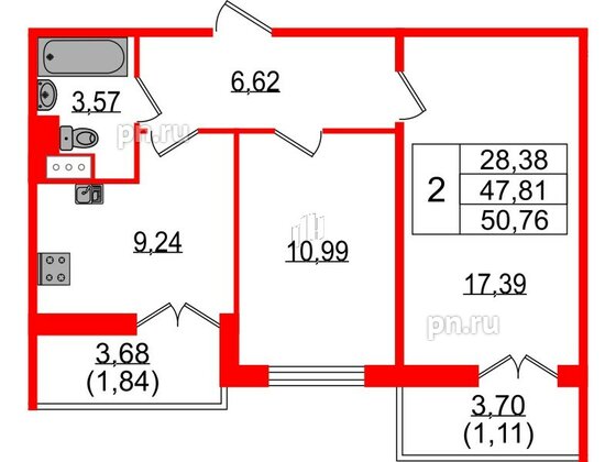 Квартира в ЖК Sertolovo Park, 2 комнатная, 50.76 м², 3 этаж