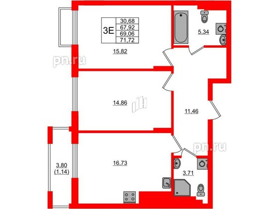 Квартира в ЖК «АЭРО», 2 комнатная, 69.06 м², 2 этаж