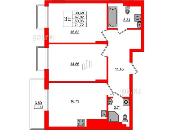 Квартира в ЖК «АЭРО», 2 комнатная, 69.06 м², 7 этаж