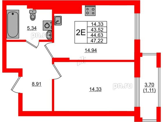 Квартира в ЖК «АЭРО», 1 комнатная, 44.63 м², 1 этаж