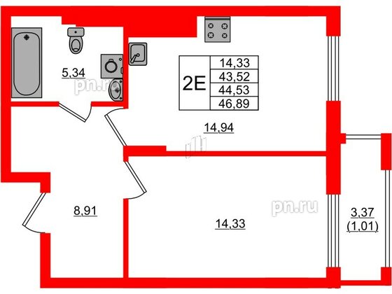 Квартира в ЖК «АЭРО», 1 комнатная, 44.53 м², 5 этаж