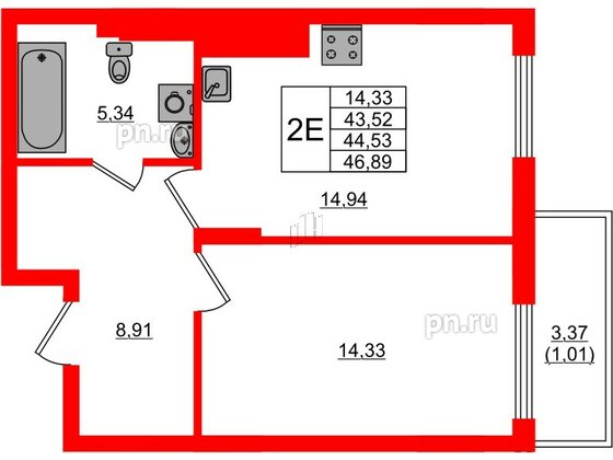 Квартира в ЖК «АЭРО», 1 комнатная, 44.53 м², 7 этаж