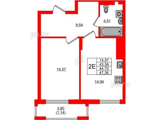 Квартира в ЖК «АЭРО», 1 комнатная, 44.7 м², 1 этаж