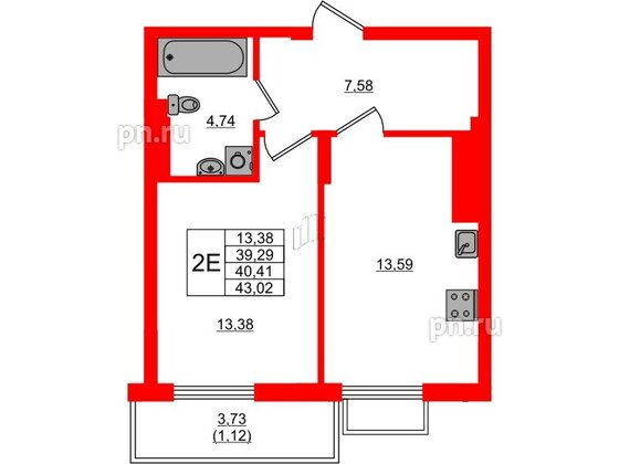 Квартира в ЖК «АЭРО», 1 комнатная, 40.41 м², 7 этаж