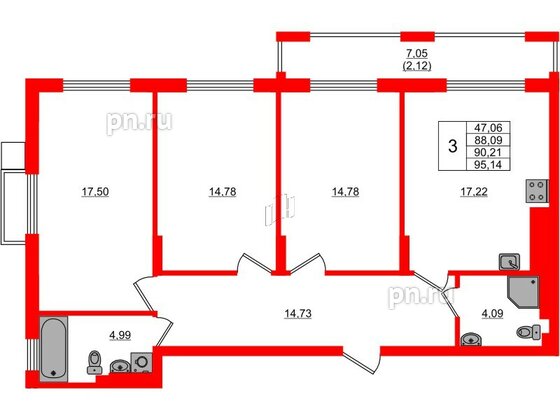 Квартира в ЖК «АЭРО», 3 комнатная, 90.21 м², 2 этаж