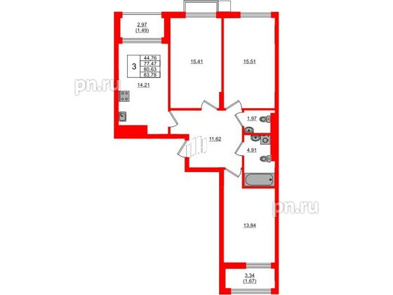 Квартира в ЖК «АЭРО», 3 комнатная, 80.63 м², 2 этаж