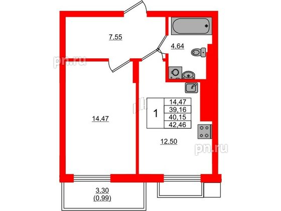 Квартира в ЖК «АЭРО», 1 комнатная, 40.15 м², 7 этаж