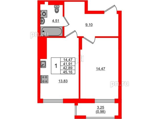 Квартира в ЖК «АЭРО», 1 комнатная, 42.89 м², 1 этаж