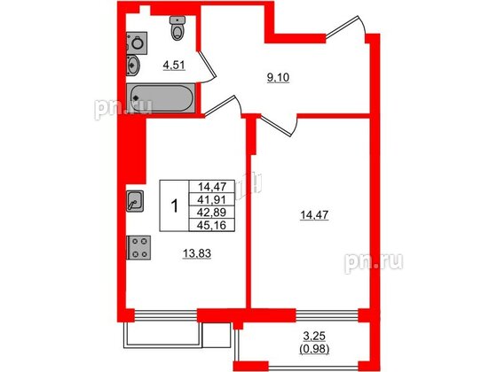 Квартира в ЖК «АЭРО», 1 комнатная, 42.89 м², 5 этаж