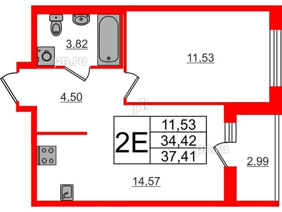 Квартира в ЖК ЦДС Parkolovo, 1 комнатная, 37.41 м², 2 этаж