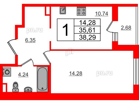 Квартира в ЖК ЦДС Parkolovo, 1 комнатная, 38.29 м², 1 этаж