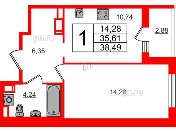 Квартира в ЖК ЦДС Parkolovo, 1 комнатная, 38.49 м², 2 этаж