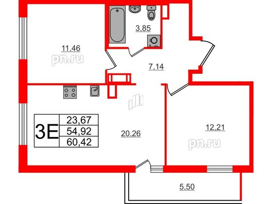 Квартира в ЖК ЦДС Parkolovo, 2 комнатная, 60.42 м², 12 этаж