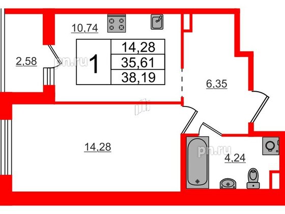 Квартира в ЖК ЦДС Parkolovo, 1 комнатная, 38.19 м², 1 этаж