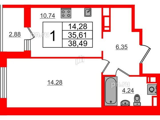 Квартира в ЖК ЦДС Parkolovo, 1 комнатная, 38.49 м², 2 этаж