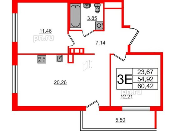 Квартира в ЖК ЦДС Parkolovo, 2 комнатная, 60.42 м², 3 этаж